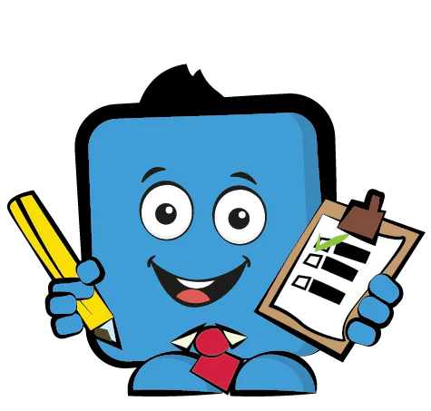 Cartoon character with a blue square body, holding a yellow pencil in one hand and a clipboard with a checklist in the other, featuring a big smile and vibrant eyes.