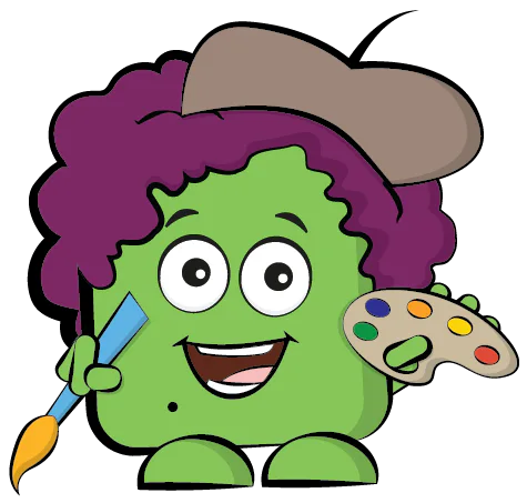 A cartoonish green character with purple hair wearing a painter's beret, holding a paintbrush and an artist's palette with colorful paints, is smiling widely.