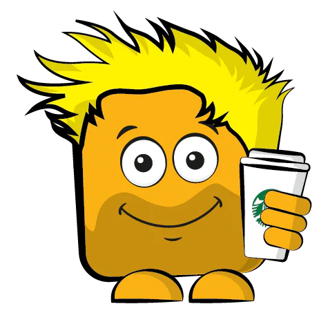 Cartoon character with spiky yellow hair, large eyes, and a big smile holding a Starbucks coffee cup in one hand.