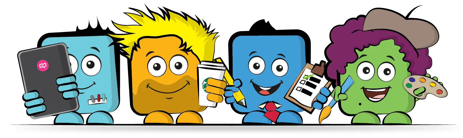Cartoon characters with different accessories: blue with a tablet, yellow with coffee, blue with a tie holding a checklist, and green with a paintbrush and palette, wearing a beret.