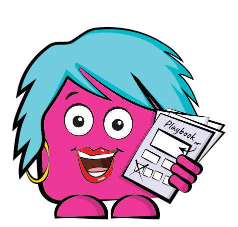 Illustration of a pink, friendly cartoon character with blue hair, large eyes, and a big smile, holding a playbook with checkboxes in one hand.
