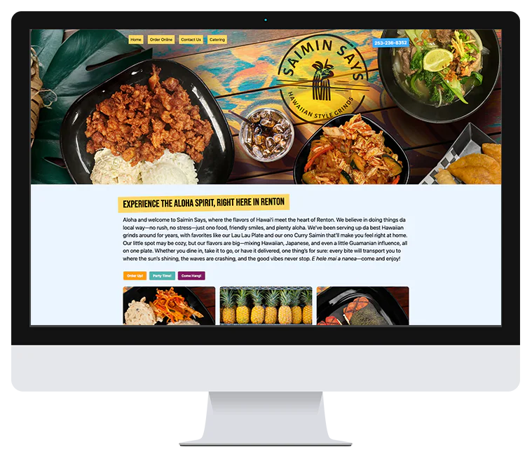 Computer screen displaying a Hawaiian restaurant website with a 