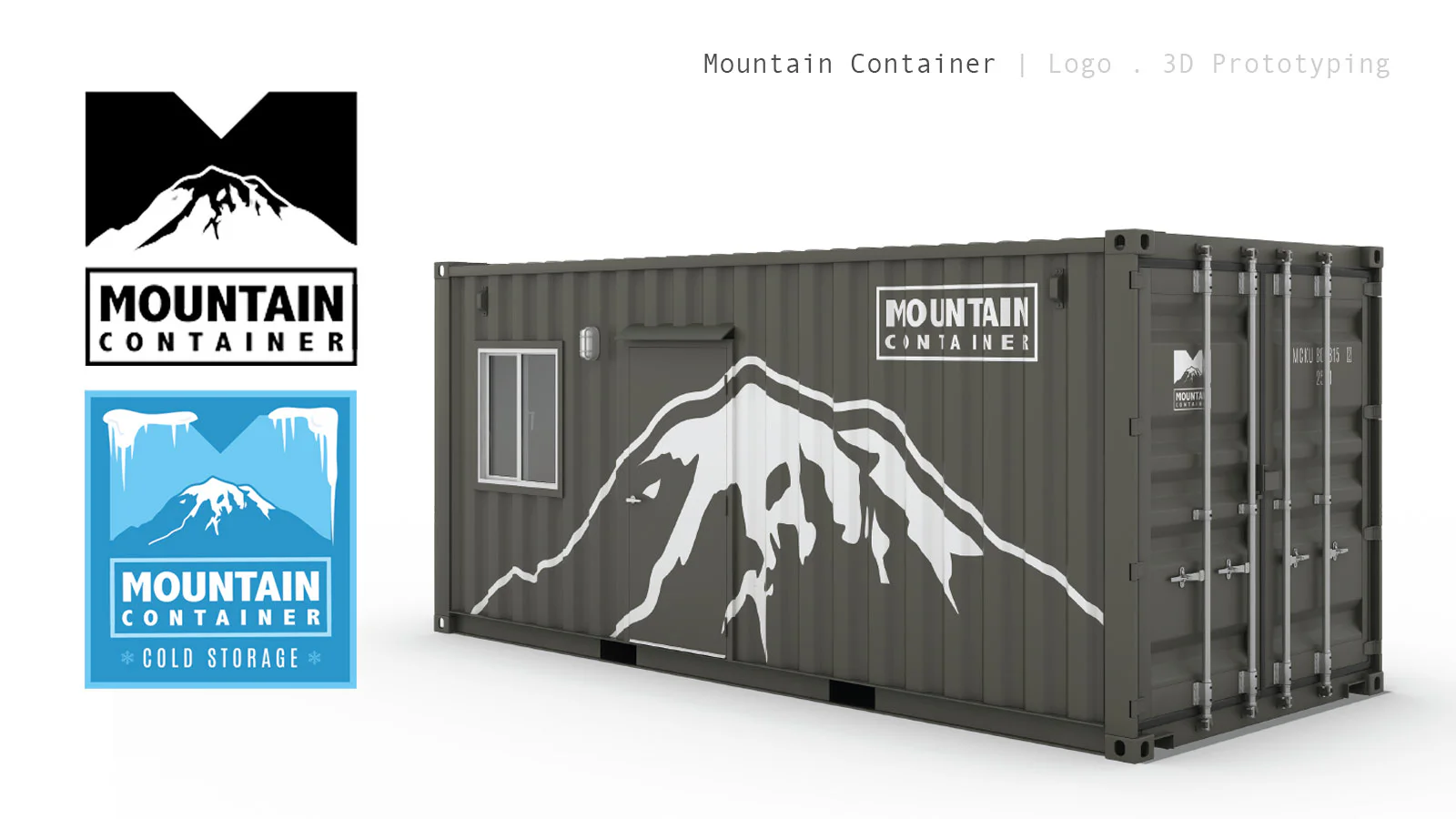 Gray shipping container with a white mountain graphic and 