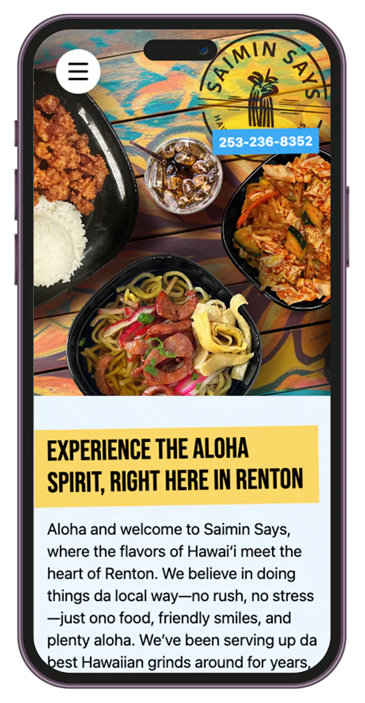 Smartphone screen showing a Hawaiian-style food app. Dishes include noodles, fried chicken, rice, and pickled vegetables. Text reads: 