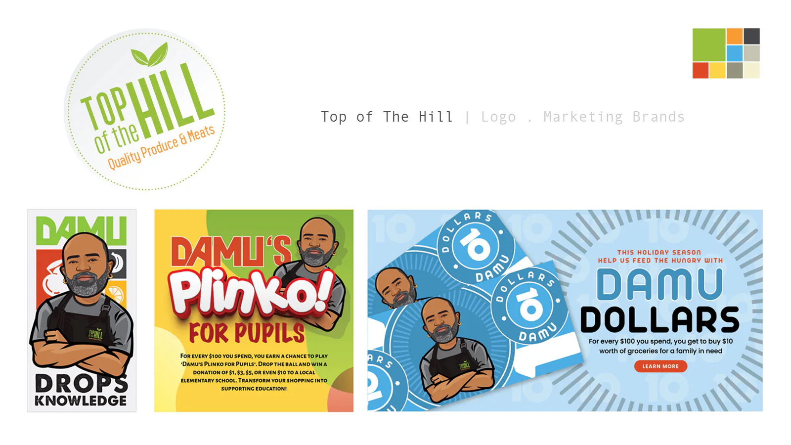 Top of the Hill branding image with circular logo, a character illustration, and promotions for 