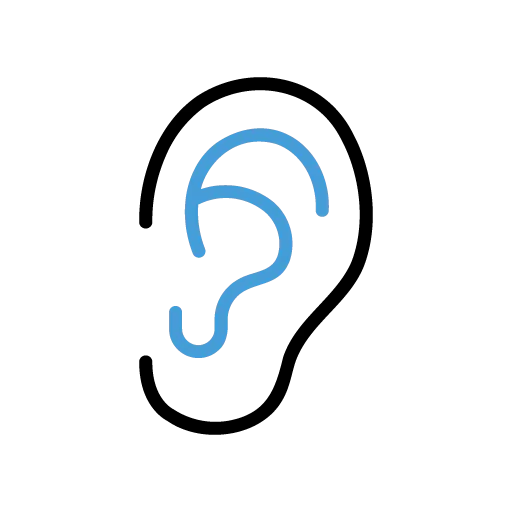 Icon of a stylized ear with a thick black outline and a blue interior design, symbolizing hearing or auditory themes, set against a plain white background.
