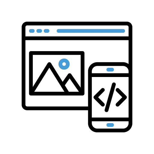Icon of a web browser displaying a mountain image, accompanied by a smartphone with a code symbol on the screen, suggesting responsive web design or development.
