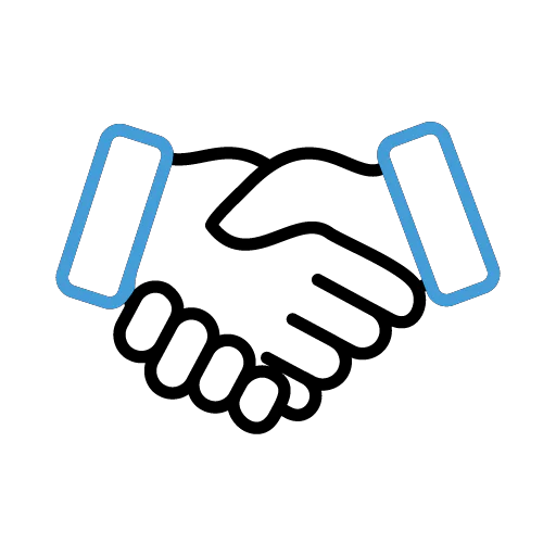 Pixelated handshake icon with blue brackets on each side, representing collaboration or partnership. The pixelated style gives it a retro digital appearance.