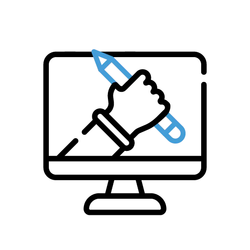 Monitor icon with a black and white hand holding a megaphone, tilted to emit sound. Blue letter 