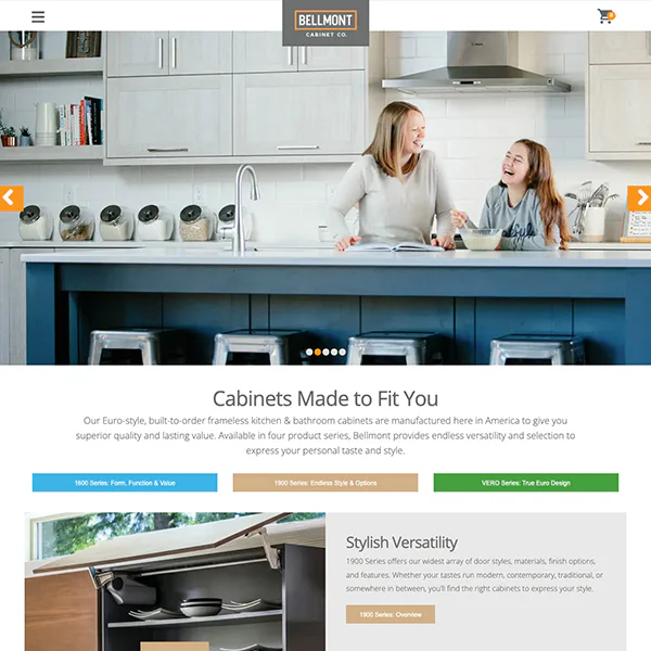 A kitchen scene featuring two people sitting at a kitchen island with stainless steel stools. The cabinetry is modern and frameless, with various labels denoting cabinet series.