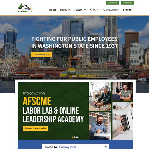 Website homepage of Council 2, featuring Seattle skyline. Text reads 