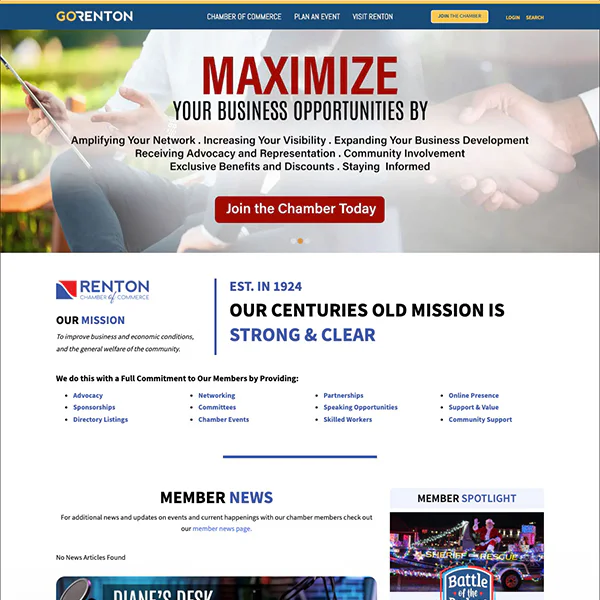 Website for Renton Chamber of Commerce with a headline 