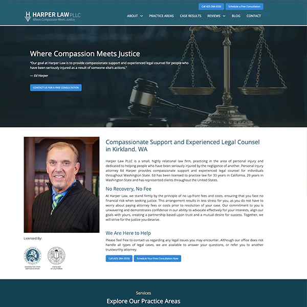 Website of Harper Law PLLC, featuring legal services with a focus on personal injury. The page includes a photo of an attorney, scales of justice, and contact buttons for consultation.