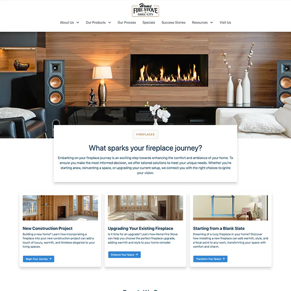 Modern living room with a wall-mounted fireplace, elegant decor, and text: 