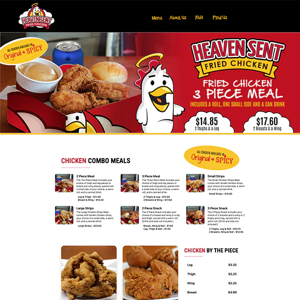 A colorful menu page for Heaven Sent Fried Chicken, featuring meal options like a 3-piece meal with sides, prices, and the availability of Original and Spicy flavors.