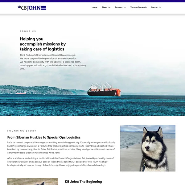 Website screenshot showing a logistics company homepage. Includes a cargo ship image at sea, text about logistics services, and an image of a Siberian Husky dog on the right.