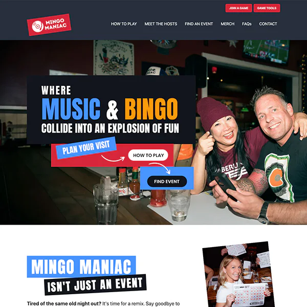 Two people smile at a bar while a sign reads, 
