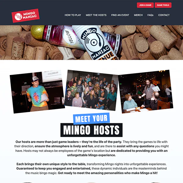 Website screenshot for Mingo Maniac, showing corks, drink cans, group photos of hosts, and the text 