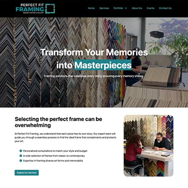 Website for Perfect Fit Framing showing a wall of frame samples and two people consulting at a table. Text reads: 