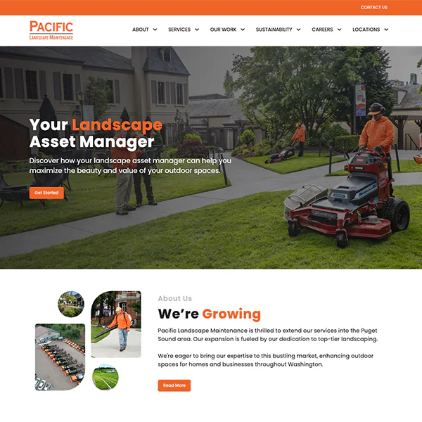 Website for Pacific Landscape Maintenance, featuring workers mowing lawns in front of a house. Text highlights services in landscape asset management and expansion into Puget Sound.