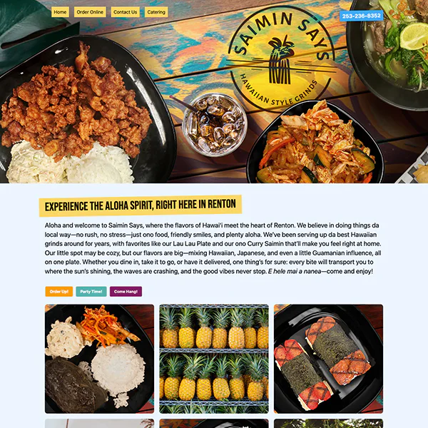 Website homepage of Saimin Says, featuring Hawaiian dishes with rice, noodles, and meat. The page has a tropical theme, showcasing pineapples and emphasizing the Aloha spirit.