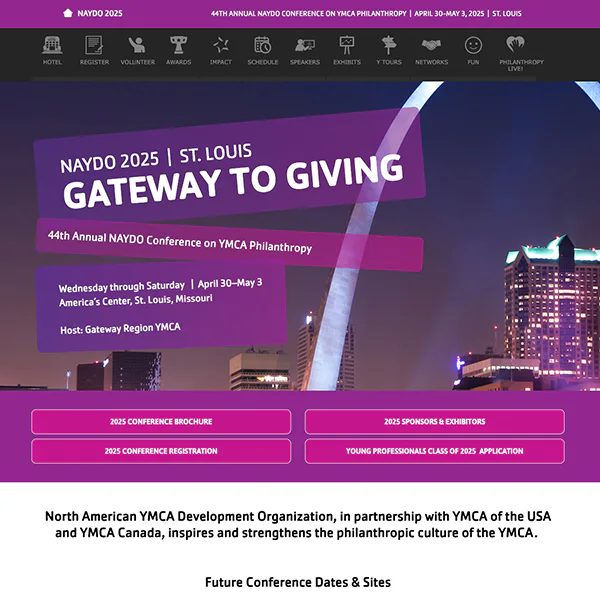 Banner for NAYDO 2025 in St. Louis. Gateway to Giving Conference, April 30-May 3. Includes links to brochure, sponsors, registration, and more. Background shows city skyline.