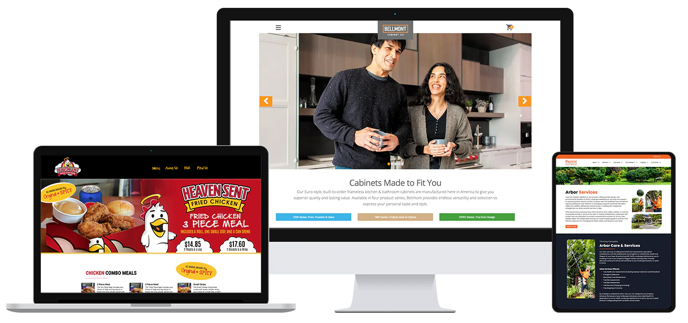 Three devices display various websites: a laptop with a fried chicken ad, a desktop with a couple in a kitchen for cabinet services, and a tablet with arbor care services.