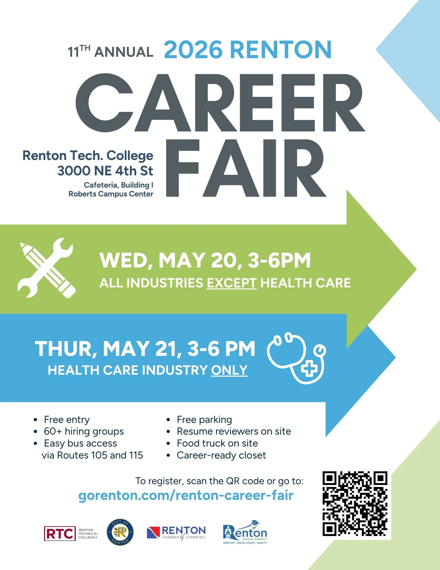 Poster for 2026 Renton Career Fair at Renton Technical College, 3000 NE 4th St. Wed May 20 3–6pm (all industries except health care). Thu May 21 3–6pm (health care only).
